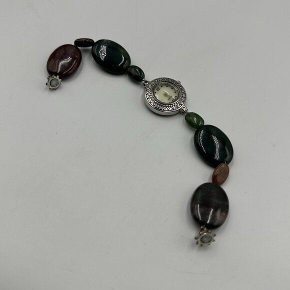 Beaded Band Watch Women Silver Tone Green Stones Magnetic Clasp New Battery - Picture 4 of 8